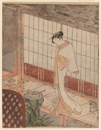 Courtesan in night attire standing on a verandah by Suzuki Harunobu